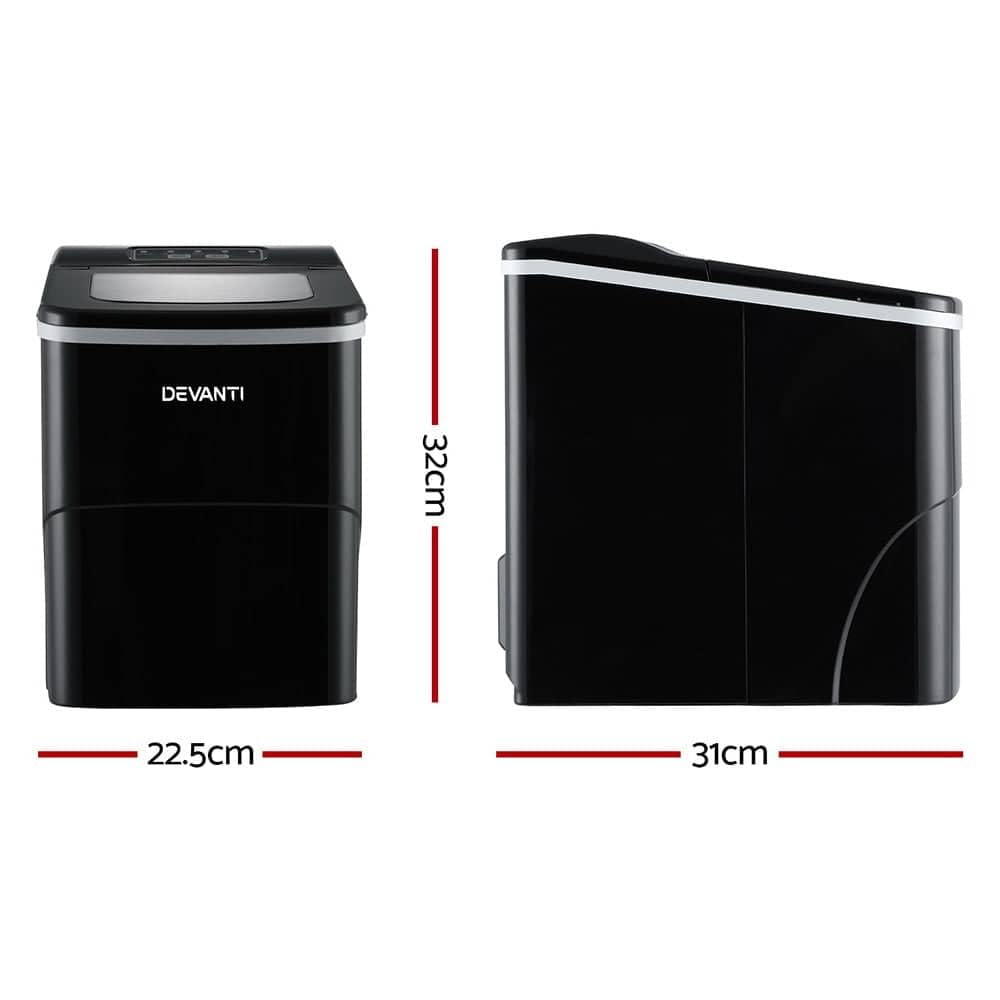 Devanti Ice Maker 2L Stainless Steel - 12kg/Day Portable Countertop Ice Machine with LED Control, Black