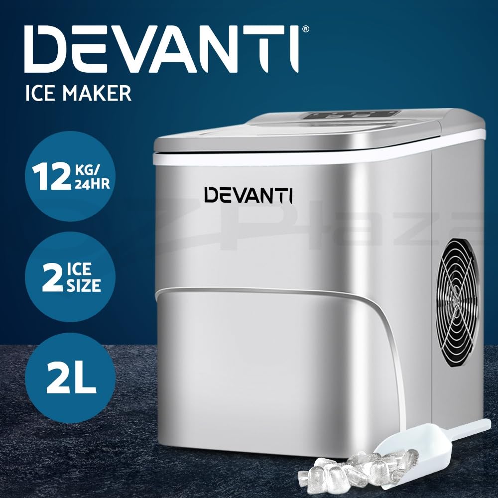 Devanti Ice Maker Machine 2L, 12kg/Day, 9 Cubes in 6 Mins, Countertop Portable Ice Maker with LED Control