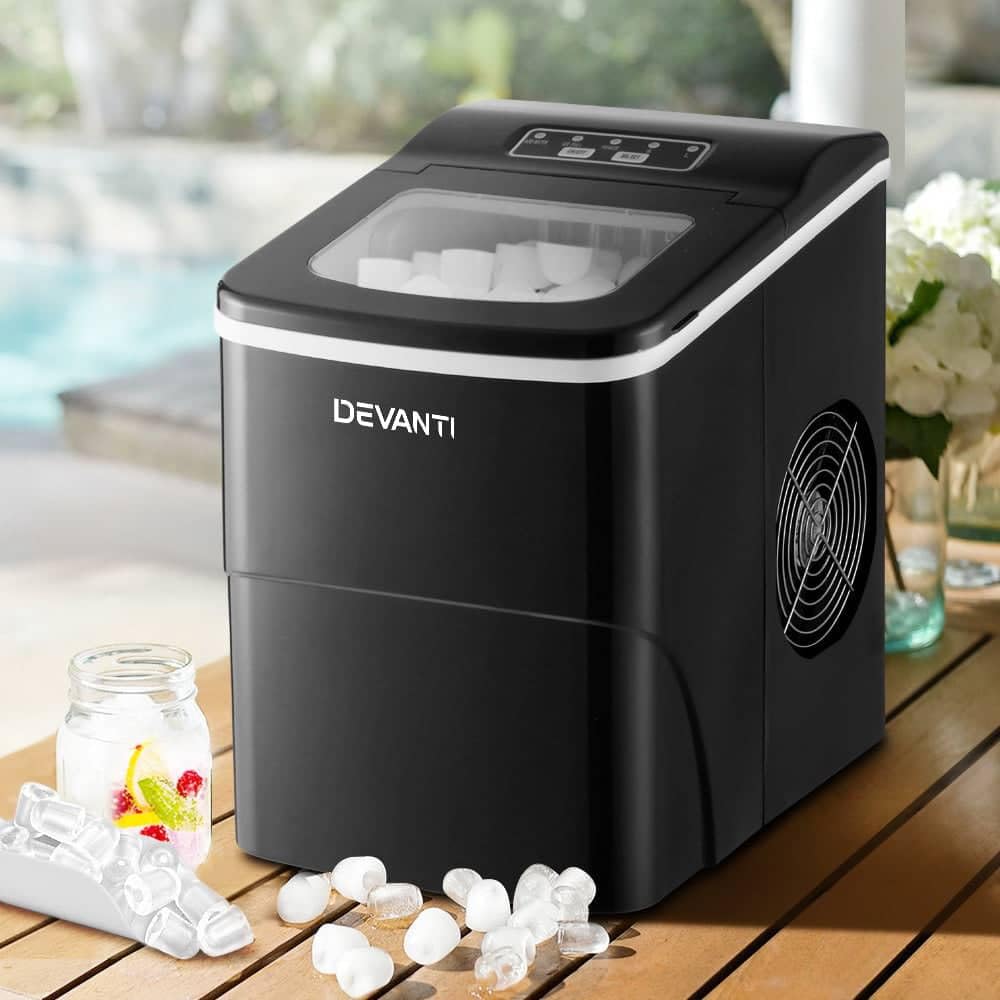 Devanti Ice Maker 2L Stainless Steel - 12kg/Day Portable Countertop Ice Machine with LED Control, Black