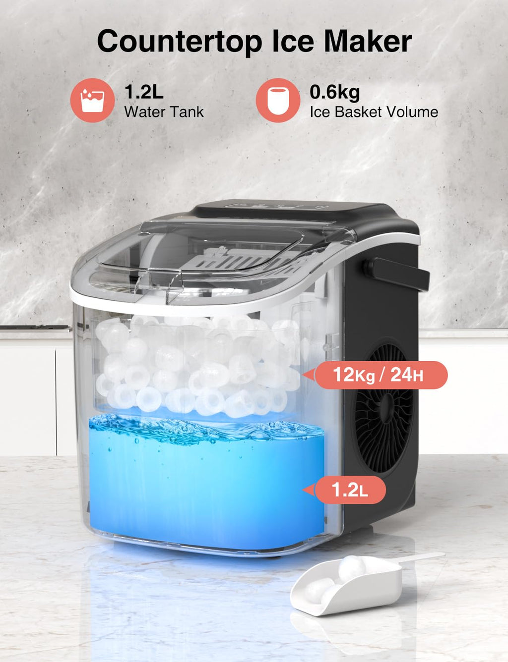 CROWNFUL Ice Maker Countertop 12KG/24H, Portable Ice Machine, 6-Min Fast Ice Making, Self-Cleaning, Black