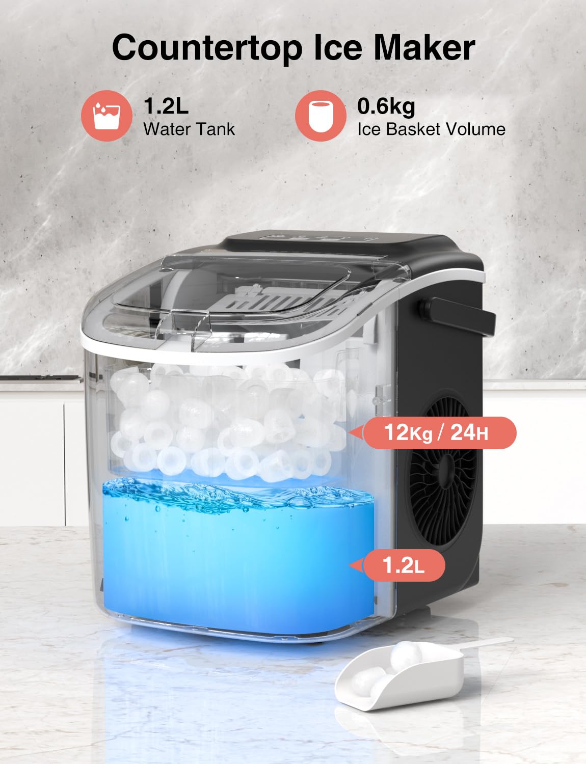 CROWNFUL Ice Maker Countertop 12KG/24H, Portable Ice Machine, 6-Min Fast Ice Making, Self-Cleaning, Black