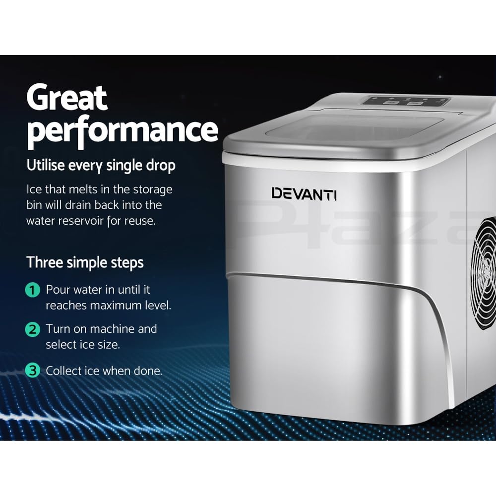 Devanti Ice Maker Machine 2L, 12kg/Day, 9 Cubes in 6 Mins, Countertop Portable Ice Maker with LED Control