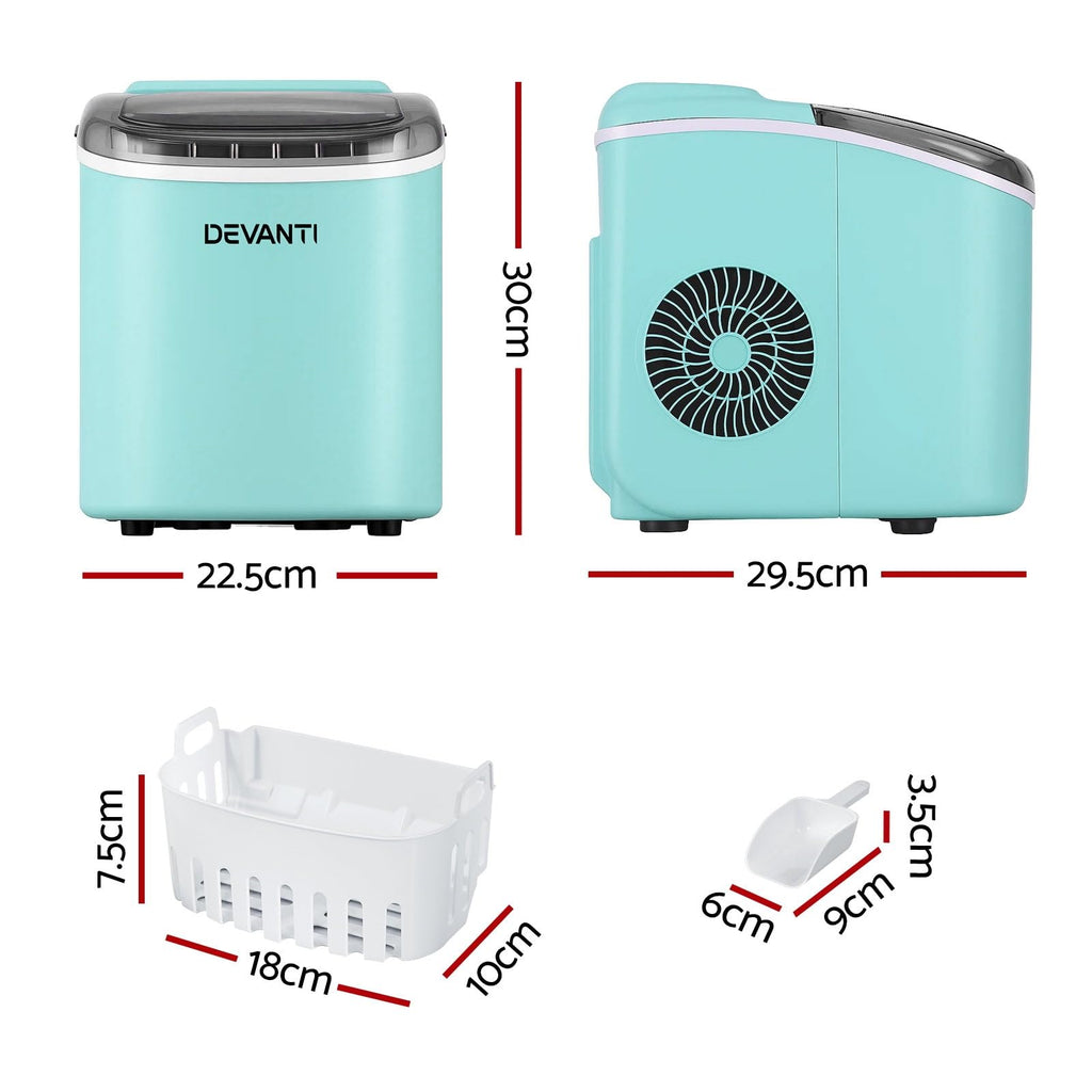 Devanti Ice Maker Machine 1.3L - 12kg/Day Bullet Ice in 6 Mins, Green Portable Countertop Ice Cube Maker