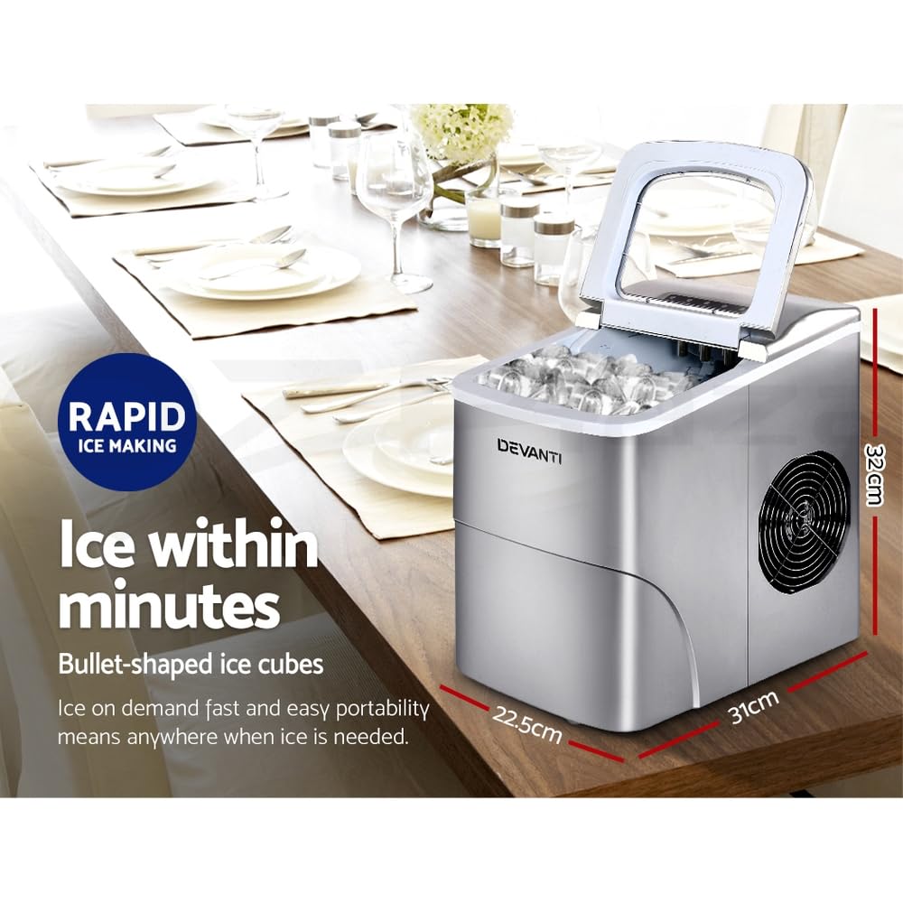 Devanti Ice Maker Machine 2L, 12kg/Day, 9 Cubes in 6 Mins, Countertop Portable Ice Maker with LED Control