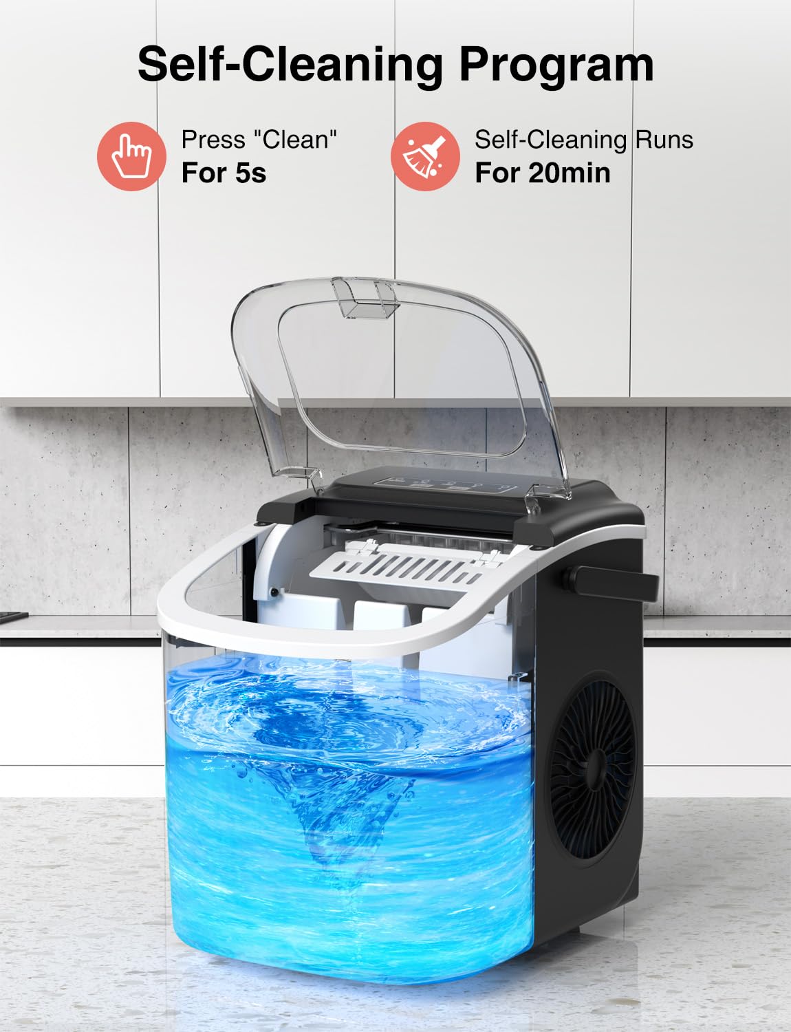 CROWNFUL Ice Maker Countertop 12KG/24H, Portable Ice Machine, 6-Min Fast Ice Making, Self-Cleaning, Black