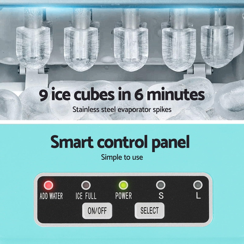Devanti Ice Maker Machine 1.3L - 12kg/Day Bullet Ice in 6 Mins, Green Portable Countertop Ice Cube Maker