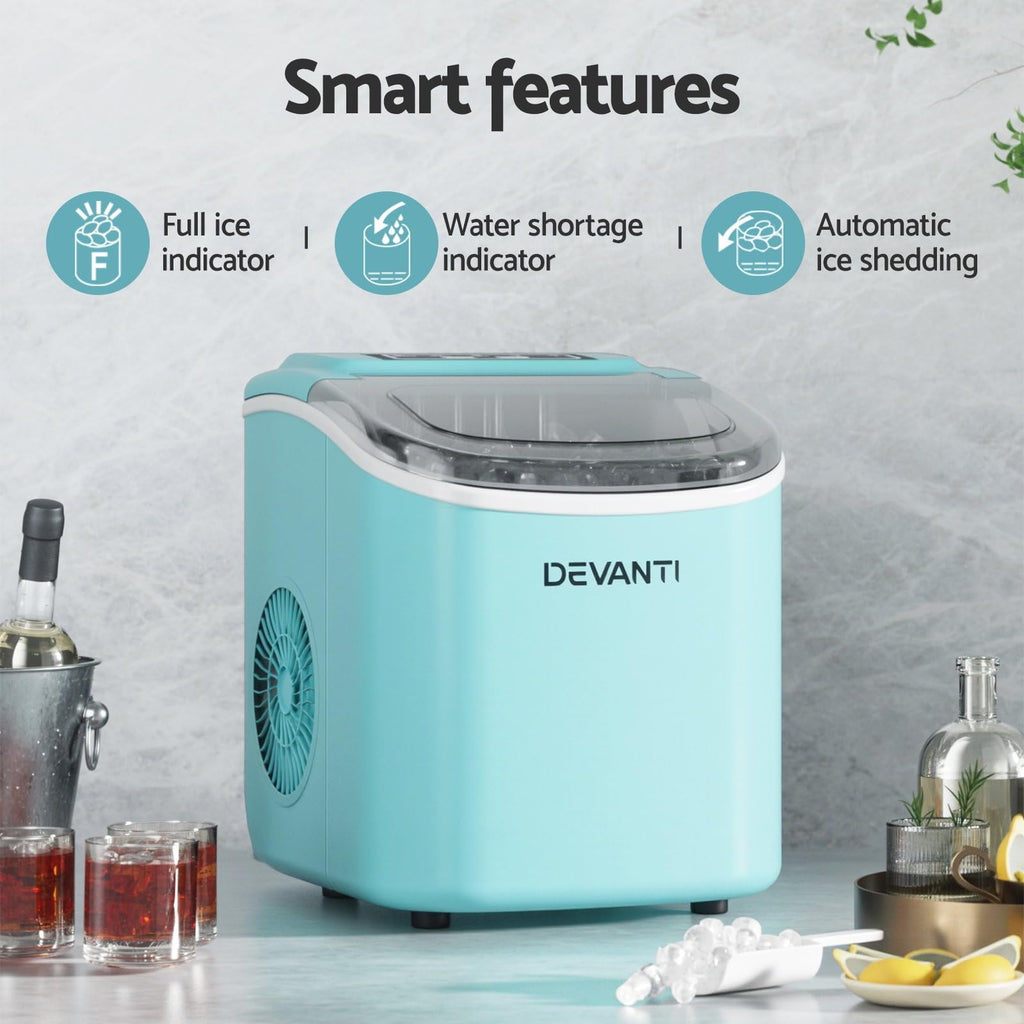 Devanti Ice Maker Machine 1.3L - 12kg/Day Bullet Ice in 6 Mins, Green Portable Countertop Ice Cube Maker