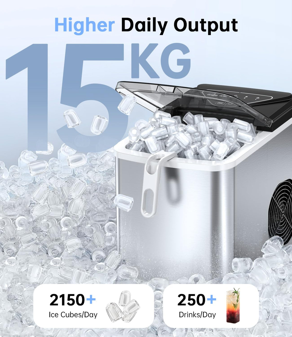 WIE Ice Maker Machine 15KG/24H, 6 Min Fast Ice, 2L Water Tank, Self-Cleaning Countertop Ice Cube Maker with Basket & Scoop
