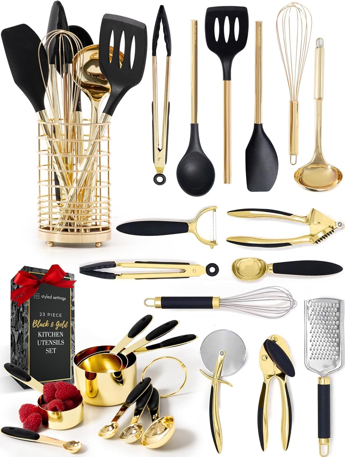 Styled Settings 23-Piece Black & Gold Kitchen Utensils Set with Measuring Cups, Spoons & Utensil Holder