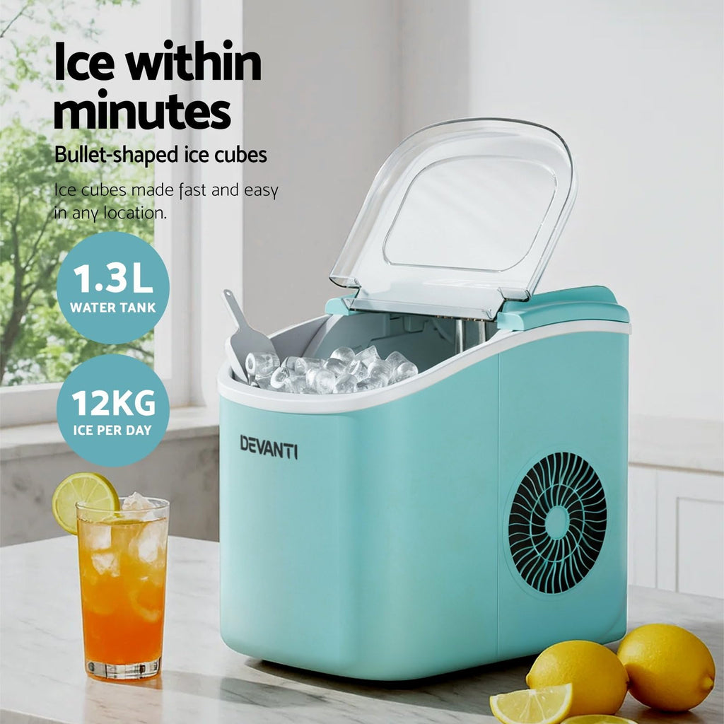 Devanti Ice Maker Machine 1.3L - 12kg/Day Bullet Ice in 6 Mins, Green Portable Countertop Ice Cube Maker