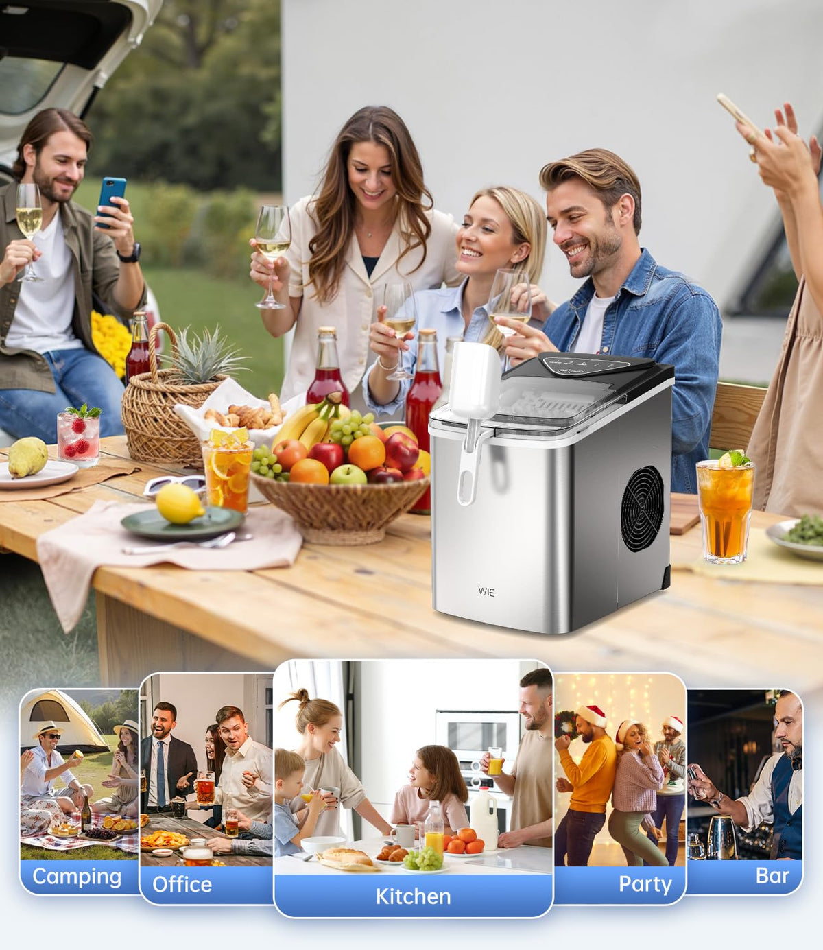 WIE Ice Maker Machine 15KG/24H, 6 Min Fast Ice, 2L Water Tank, Self-Cleaning Countertop Ice Cube Maker with Basket & Scoop