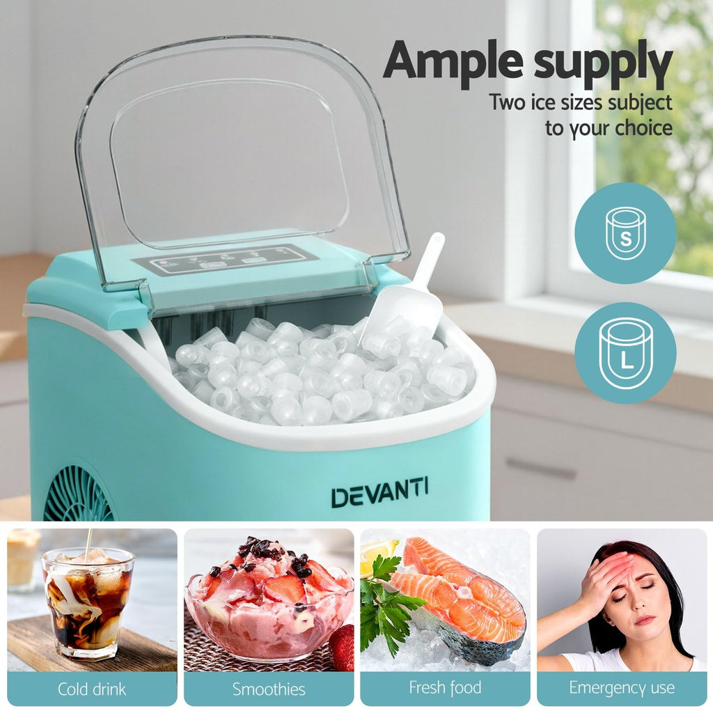 Devanti Ice Maker Machine 1.3L - 12kg/Day Bullet Ice in 6 Mins, Green Portable Countertop Ice Cube Maker