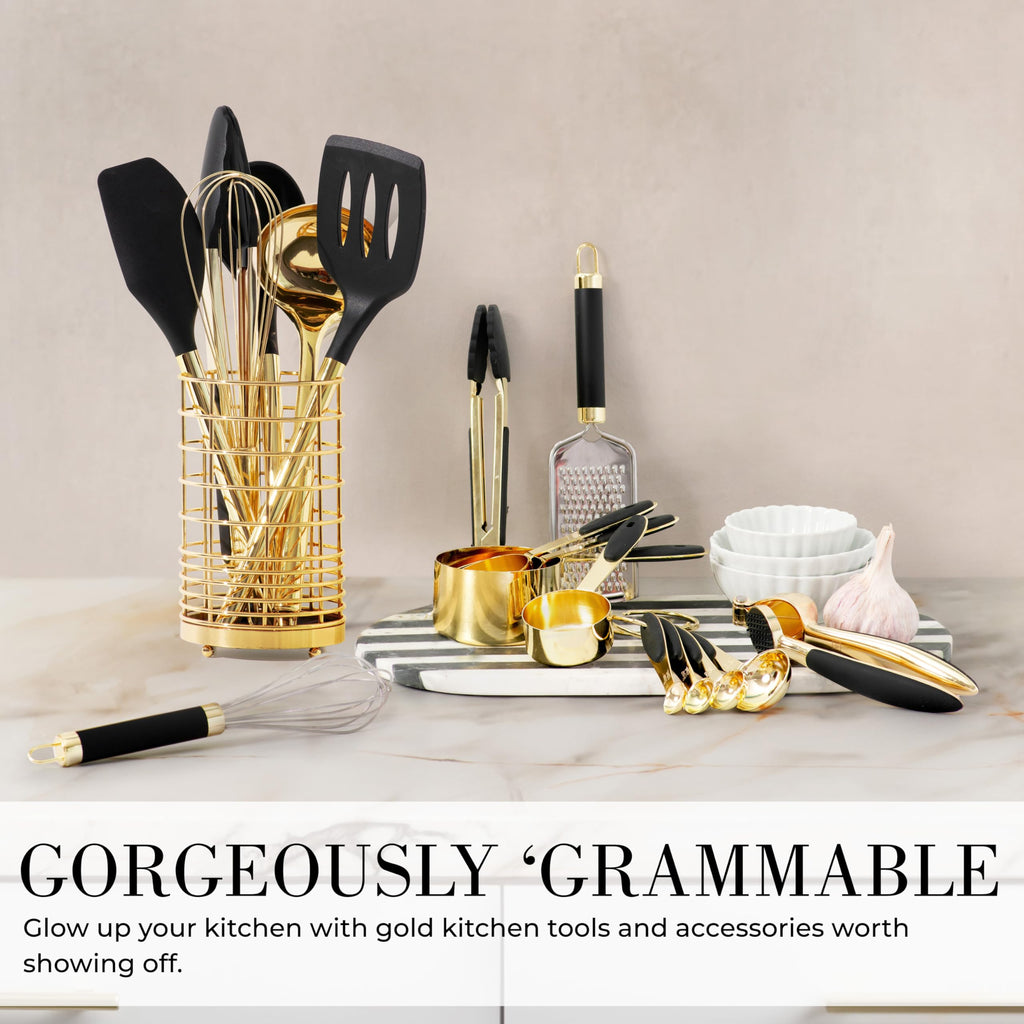 Styled Settings 23-Piece Black & Gold Kitchen Utensils Set with Measuring Cups, Spoons & Utensil Holder