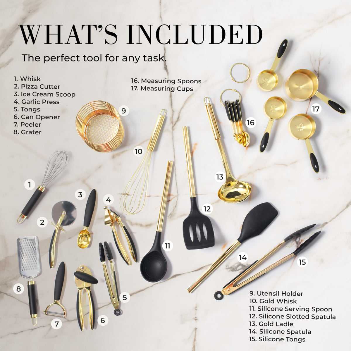 Styled Settings 23-Piece Black & Gold Kitchen Utensils Set with Measuring Cups, Spoons & Utensil Holder