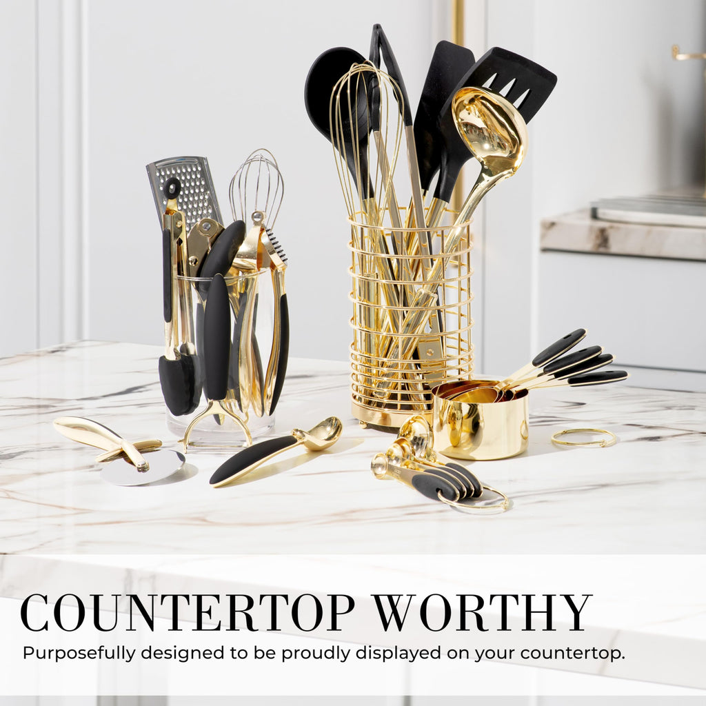 Styled Settings 23-Piece Black & Gold Kitchen Utensils Set with Measuring Cups, Spoons & Utensil Holder