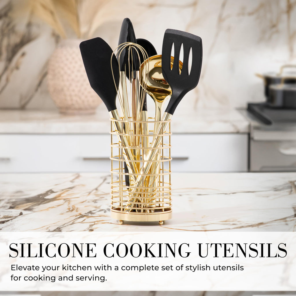 Styled Settings 23-Piece Black & Gold Kitchen Utensils Set with Measuring Cups, Spoons & Utensil Holder