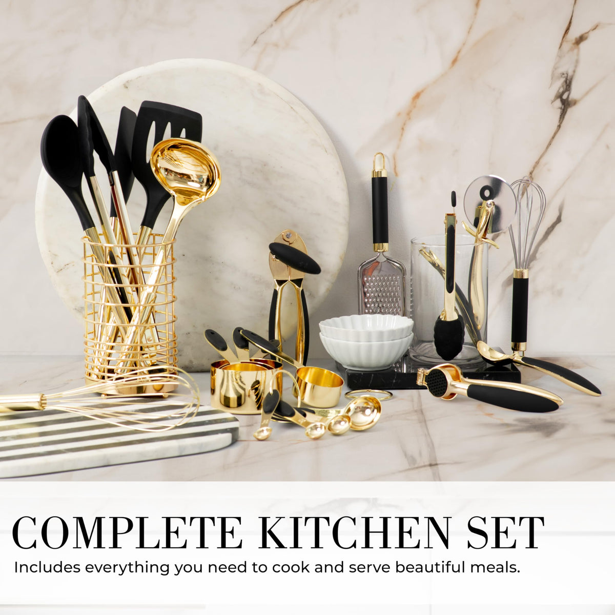 Styled Settings 23-Piece Black & Gold Kitchen Utensils Set with Measuring Cups, Spoons & Utensil Holder